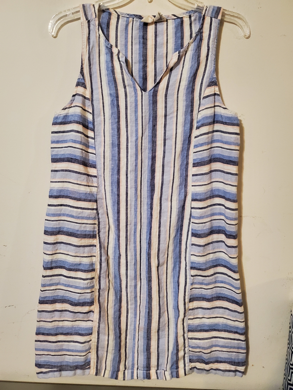 Artisan NY Linen Blue White Striped Shift Dress Coastal Beachy Sz Large